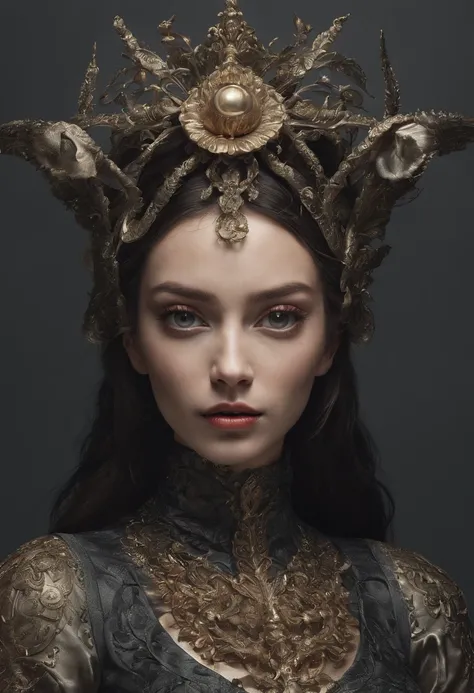 high fashion model influenced by Giuseppe Arcimboldo, her eyes and face fixed on the camera lens, short image, symmetrical eyes, ultra hd, realistic, vivid colors, highly detailed, UHD drawing, pen and ink, perfect composition, beautiful detailed intricate...