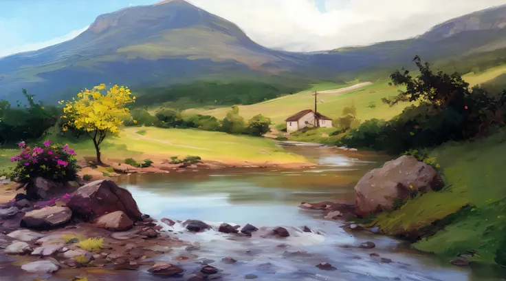 pintura de uma pequena casa , with a stream running crystal clear waters, montanhas ao fundo,super realista,8k