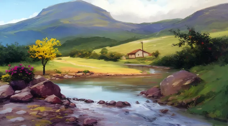 pintura de uma pequena casa , with a stream running crystal clear waters, montanhas ao fundo,super realista,8k