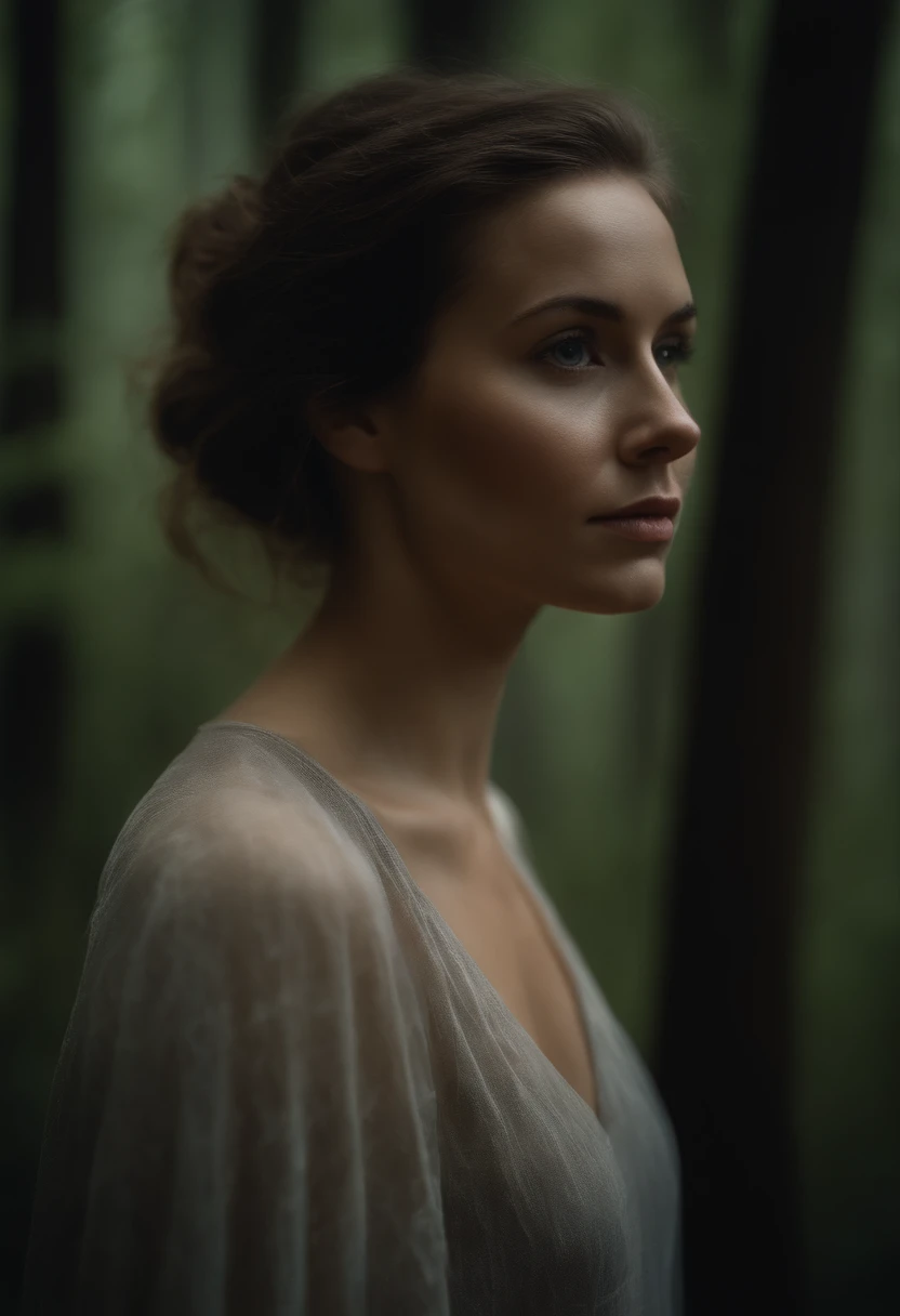 portrait painting of a young woman, dans une foret, brouillard, foret sombre, face a la camera, humide