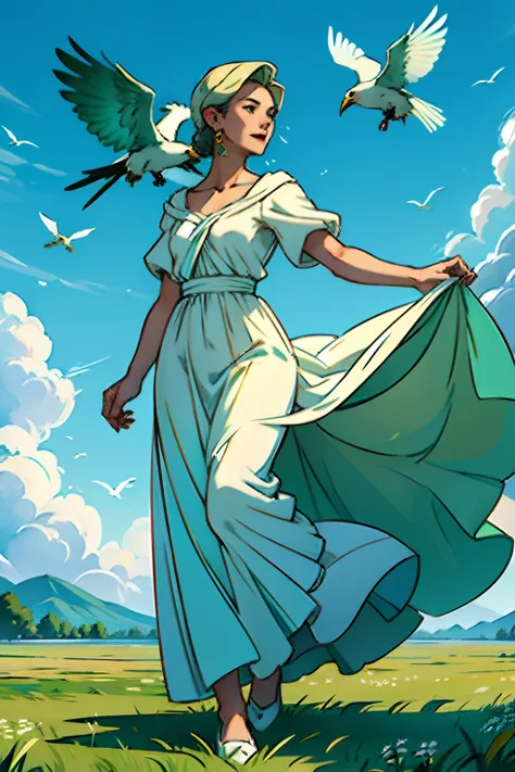 A woman, in an open field, wearing a white diaphanous gown, being lifted up to heaven, background is green grassy field, with two white birds flying away, mood is emancipation, liberation, jubilation, daytime light, character design.