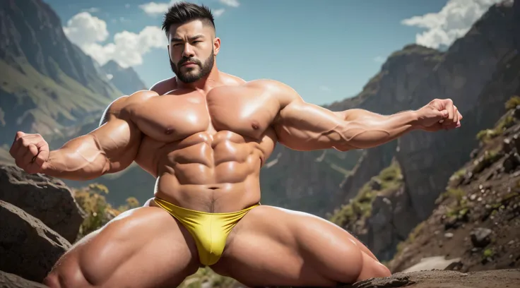 Very handsome，Chinese actor，standing on top of a mountain，short mustache，Wear bright gold thongs，Perfect figure with tattoos, Very huge and strong body, Bulging muscles, musculous, Very large pectoral muscles，Very sexy abs，The legs are muscular，Tall and mi...