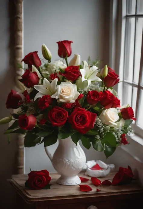 Stunning bouquet of roses and lilies in a ceramic vase, red and white colors, Cozy room, garland, Open window, The Moon and the Stars, Evening, The atmosphere of comfort