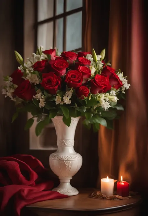 Stunning bouquet of roses and lilies in a ceramic vase, red and white colors, Cozy room, garland, Open window, The Moon and the Stars, Evening, The atmosphere of comfort