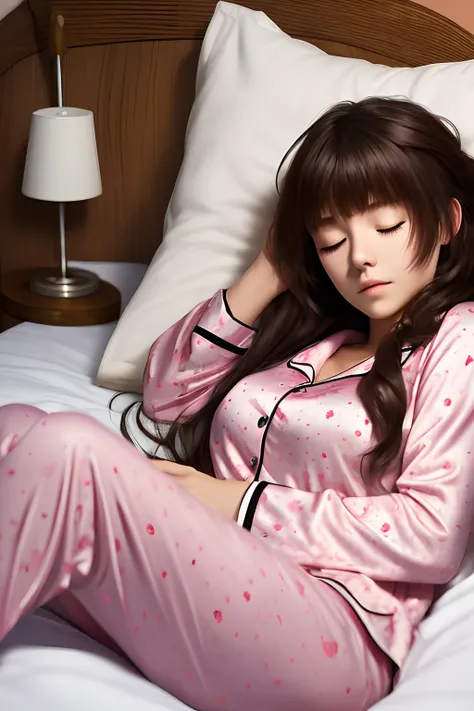 Sleeping girl, 22 years old, Realistic, Lie down in bed，Wear pink pajamas，Brown hair. --auto --s2