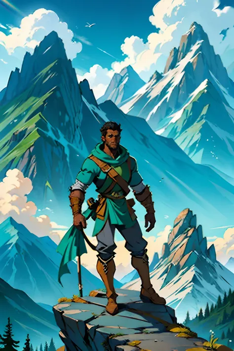 A dark skinned mountain climbing man standing proudly, at the top of a mountain, with a leg up on a rock, holding a green flag, background is mountain peaks cloudy skies, mood is culmination zenith, daytime light, character design.