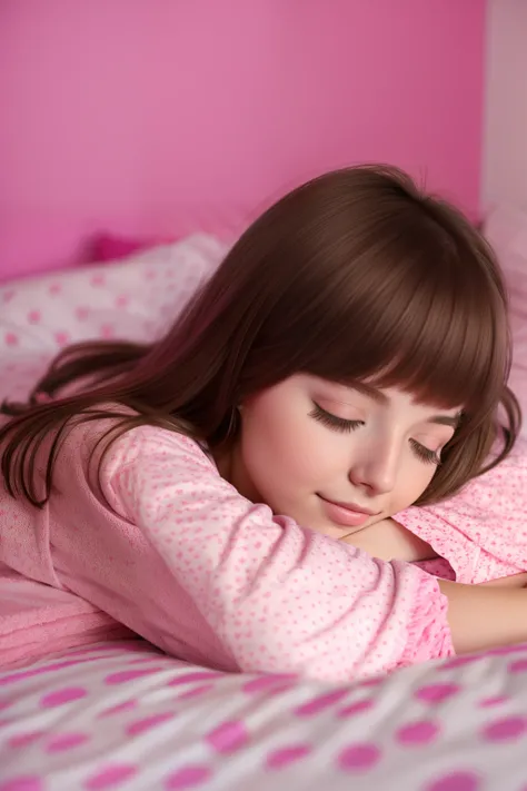 Sleeping girl, 22 years old, Realistic, Cute，Lie down in bed，Wear pink pajamas，Brown hair. --auto --s2