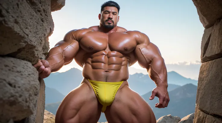 Very handsome，Chinese actor，standing on top of a mountain，short mustache，Wear bright gold thongs，Perfect figure with tattoos, Very huge and strong body, Bulging muscles, musculous, Very large pectoral muscles，Very sexy abs，The legs are muscular，Tall and mi...