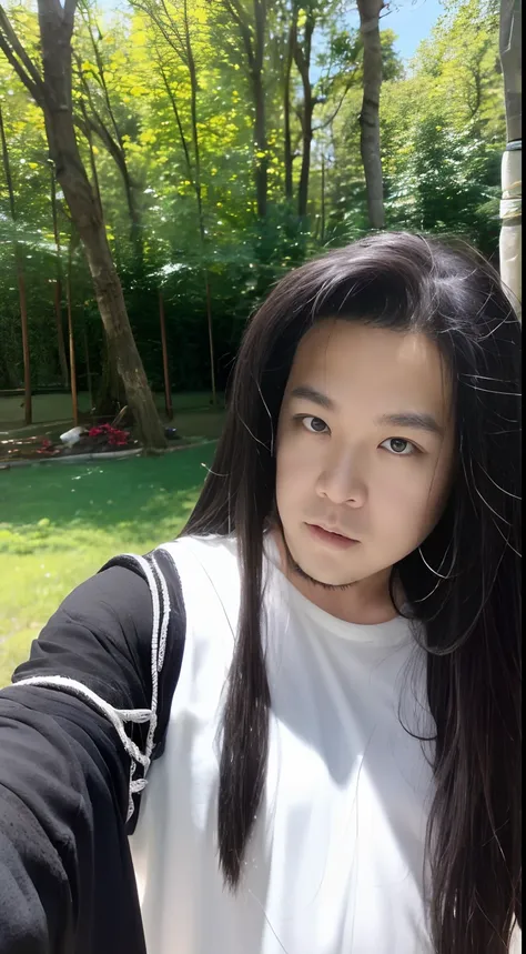 of a guy，long whitr hair，Black hair，Handsome，Deep eyes，full bodyesbian，Bust，Wear Hanfu，Black Hanfu，Black Buhan followed，Ancient wind，lumnious，Contour light，The background is blurred out