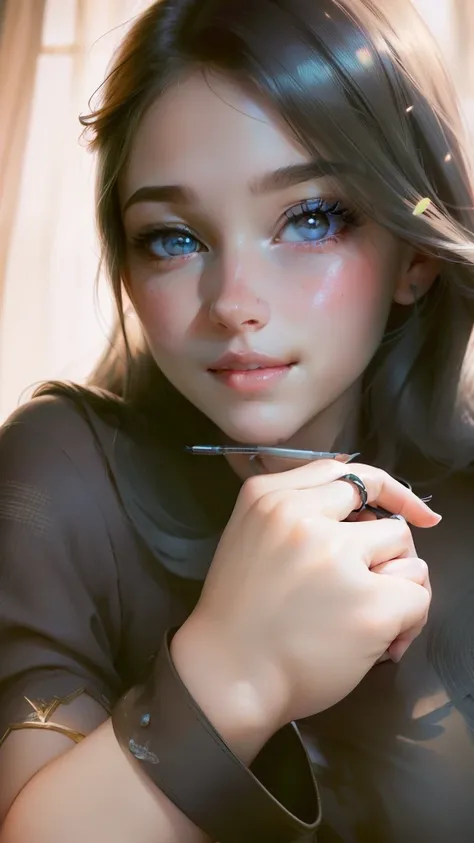 (best quality,highres,realistic:1.37),detailed eyes,longeyelashes,rosy cheeks,soft skin,joyful expression,shiny hair,cute smile,delicate fingers,nailart,
medium:pencil sketch,
ultra-detailed,colorful,portrait,
warm color tones,soft lighting