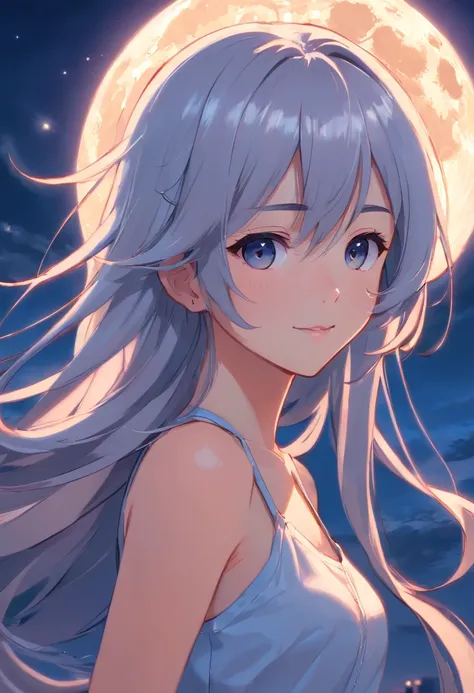 Long hair，the night，full moon，Silver-haired girl，校服，A slight smil，Look at the lens