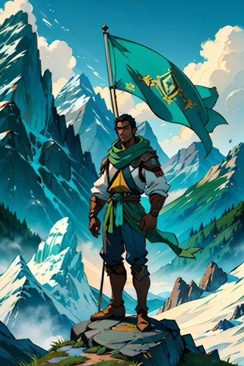 A dark skinned mountain climbing man standing proudly at the top of a mountain, holding a green flag, background is mountain peaks cloudy skies, mood is culmination zenith, daytime light, character design.