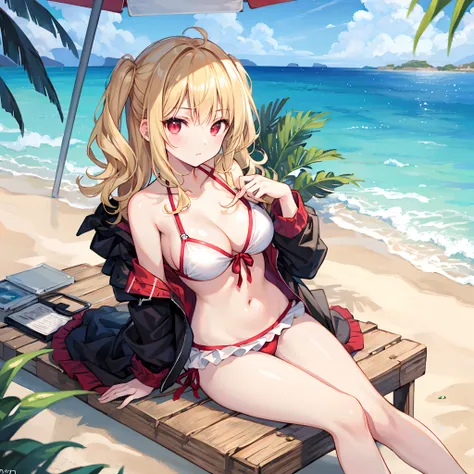 Wavy blonde、red eyes、Beautiful girl alone、Bikini with ruffles、gravure、sitting on、the beach