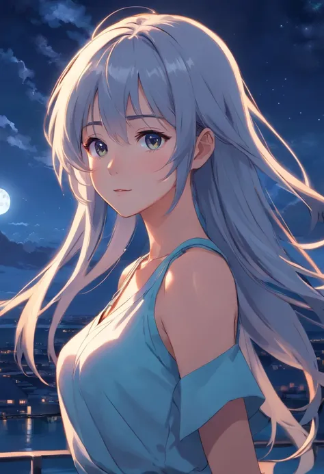 Long hair，the night，full moon，silver hair girl，校服，A slight smil，Look at the lens