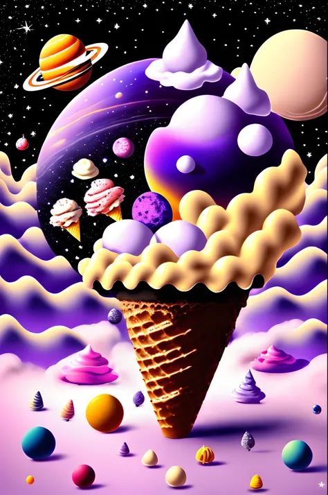 **Ice cream planet floating in outer space**:	
-background: stele々Shining cosmic background。	
- Main elements: Ice cream cones and balls floating like planets、Small spaceships and creatures flying around。	
- Color palette: Black or purple in space、Bright c...