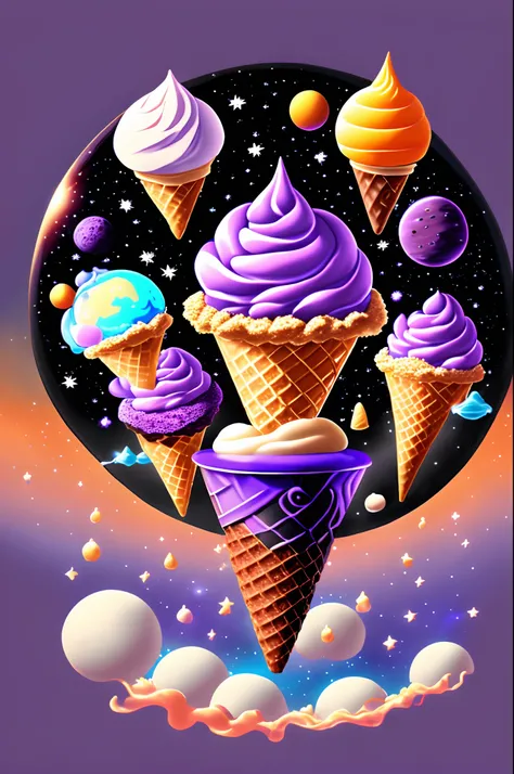 **Ice cream planet floating in outer space**:	
-background: stele々Shining cosmic background。	
- Main elements: Ice cream cones and balls floating like planets、Small spaceships and creatures flying around。	
- Color palette: Black or purple in space、Bright c...