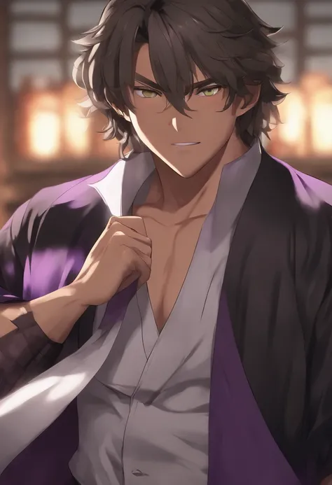 1boy, wanostyle, ronin, grey curly hair, old man, purple hakama, mischevious laugh, big smile, receding hairline, looking at viewer, solo, torso, upper body, big belly((masterpiece)),(best quality), (extremely detailed), depth of field, sketch, dark intens...