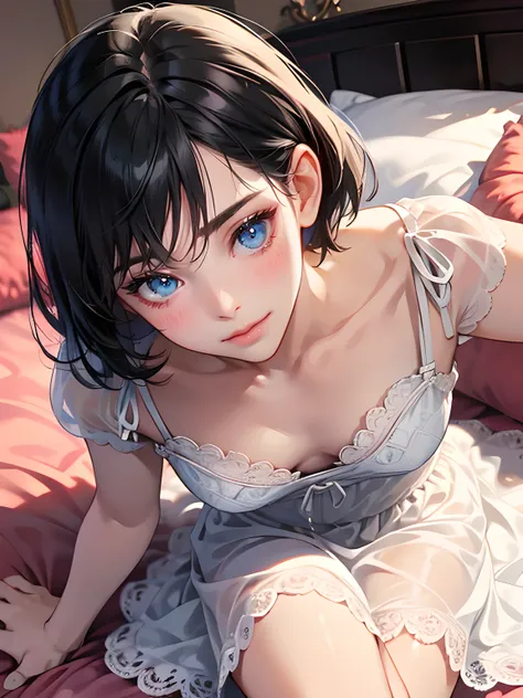 mature woman, small breasts, black short hair with fringe, white night dress (lingerie), blue eyes, coral lips color, shy smile, shy, blush, naughty face, laying on bed, Surrealism, anime style, depth of field, 8k, super detail, high details, Cinematic lig...