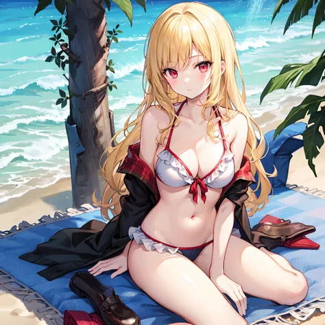 Wavy blonde、red eyes、Beautiful girl alone、Bikini with ruffles、gravure、sitting on、the beach