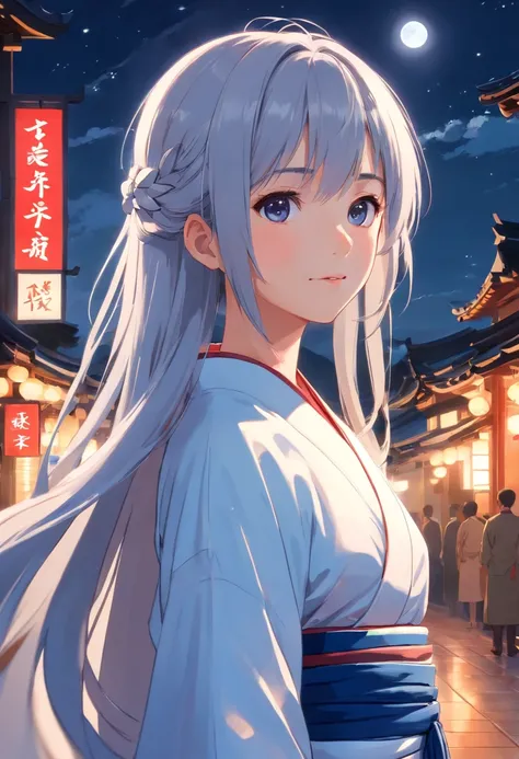 Long hair，the night，full moon，silver hair girl，Chinese Taoist kimono，A slight smil，Look at the lens