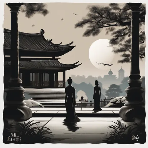 Young men and women nestled in the moonlight garden in the center of the picture，The silhouette of the temple is clear, mysterious and historical。Outline of house trees in background，Create a quiet and romantic atmosphere。Tranquil and fresh tones，Emphasize...