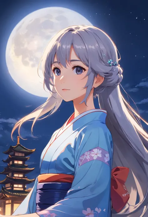 Long hair，the night，full moon，13-year-old silver-haired girl，Chinese Taoist kimono，A slight smil，Look at the lens