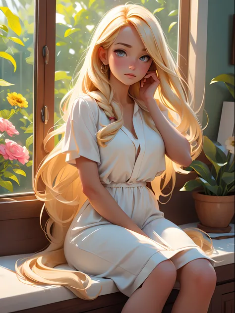 best quality,ultra-detailed,realistic:1.37,a girl laying her head to her hand and looking out her window,wearing a white linen dress,blond long hair flowing down over her eyes,in a sad scene,feeling alone,with a soft,subdued color palette,soft and natural ...