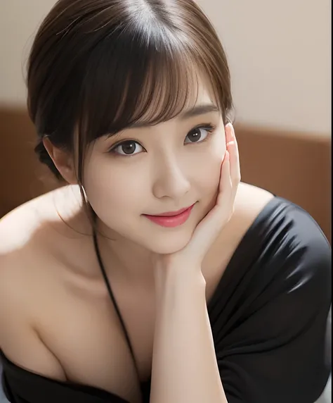 ((Best Quality, 8K, masutepiece: 1.3)), Beautuful Women, pure, Melon face, gentle and cute, Sweet smile, pure lust, Thin figure, (Frontal), (Head Tilted), Looking directly at the camera, uniform, Obi, Formal, Black Silky Shorthair, round black big eyes, cl...