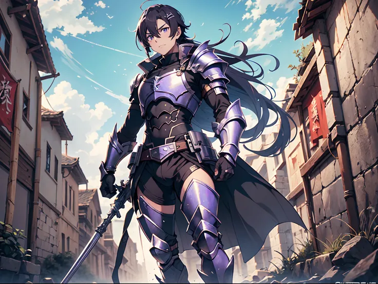 Ultra High Definition, Ultra High Quality, Extremely Detailed, 8k, 1 Boy, Rudeus Greyrat From Mushoku Tensei Anime, Handsome, Armored With War General Armor, Pure Purple Pupil Eyes, Long Haired Tied With Chinese Hairpin, Body To Legs Body Shot, Ancient Rui...