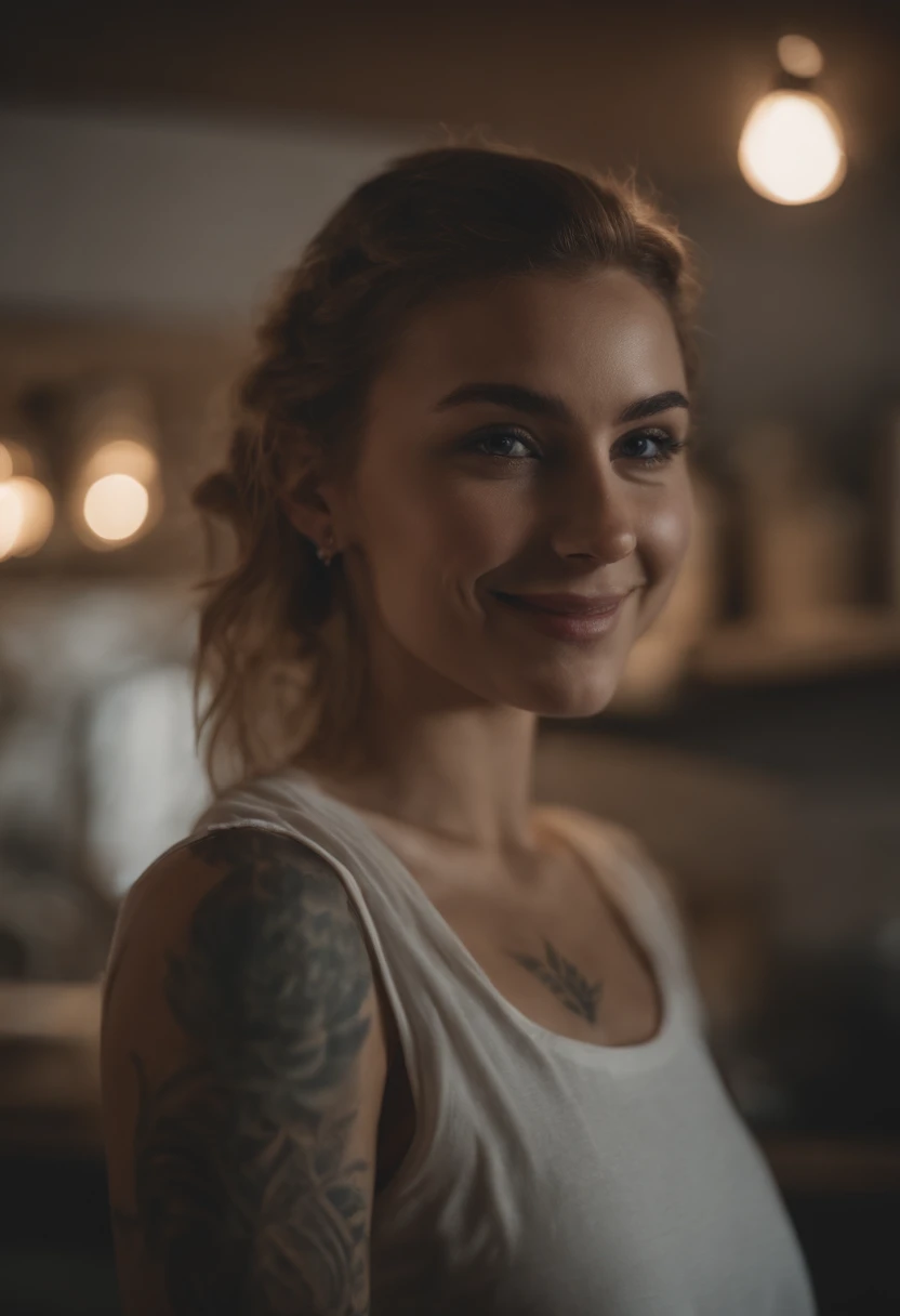 1girl, upper body, close-up,  looking at viewer, smile, standing, depth of field, tattoo, kitchen,