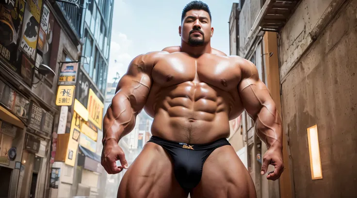 Very handsome，Chinese actor，nothing background，short mustache，Wear bright gold thongs，Perfect figure with tattoos, Very huge and strong body, Bulging muscles, musculous, Very large pectoral muscles，Very sexy abs，The legs are muscular，Tall and mighty，Expose...