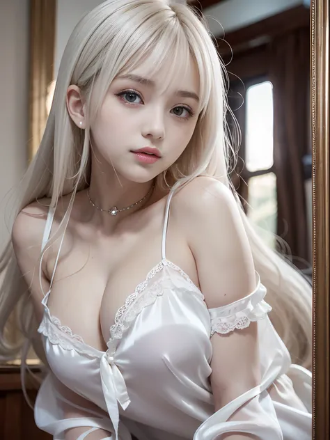 portlate、((Silk Material:1.3))、bright expression、poneyTail、Young shiny shiny white shiny skin、Best Looks、Blonde reflected light、Platinum blonde hair with dazzling highlights、shiny light hair,、Super long silky straight hair、Beautiful bangs that shine、Glowin...