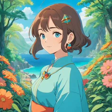 A girl wearing an anime collar, A long necklace and earrings, inthe style of tranquil gardenscapes, colorful animation stills, Masami Teraoka, aquamarine, Paul Gauguin, Amber style, Honest portrayal