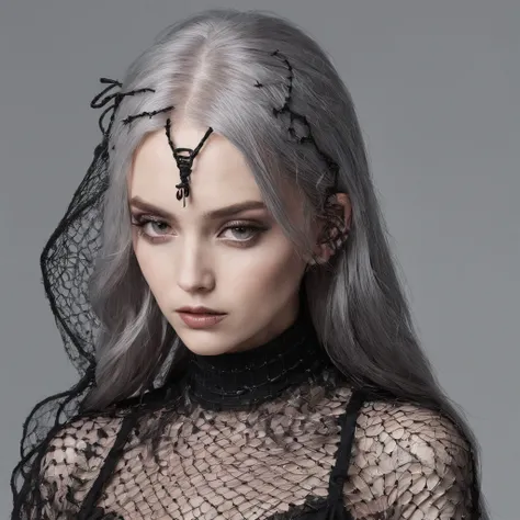 Girl with gothic net symbolic clothes, 。.com (Barbed wire of the body) brunette color hair，Gray hair ends