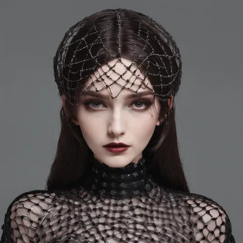 Girl with gothic net symbolic clothes, 。.com (Barbed wire of the body) brunette color hair，Gray hair ends