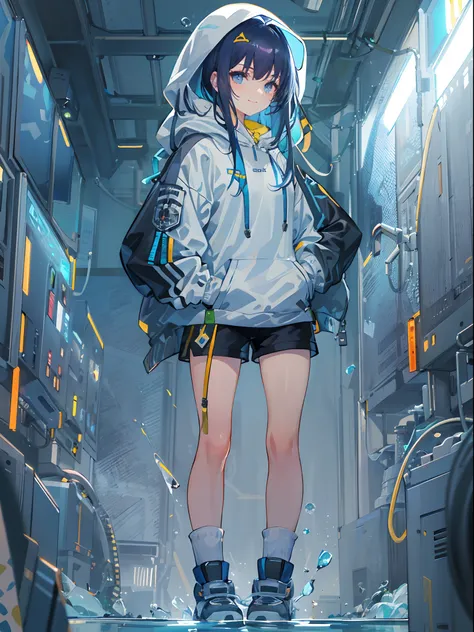 ((top quality)), ((masterpiece)), ((super detail)), (very delicate and beautiful), girl, solo, cold demeanor, ((black jacket)), she looks very (relaxed) and (calm), black hair, depth of field, evil smile, stirrups, underwater, air bubble, light blue eyes, ...