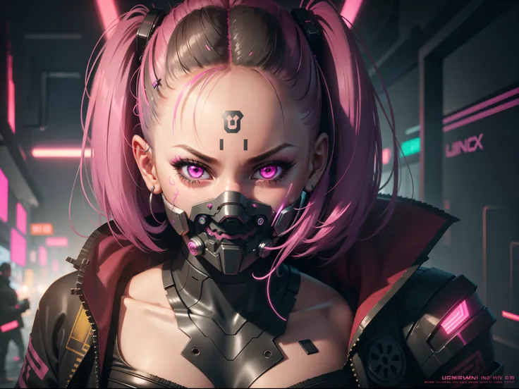 Cyberpunk, girl face, oni face mask, neon lights, pink, 4k, hd wallpaper, extremely detailed, cybernetic eyes