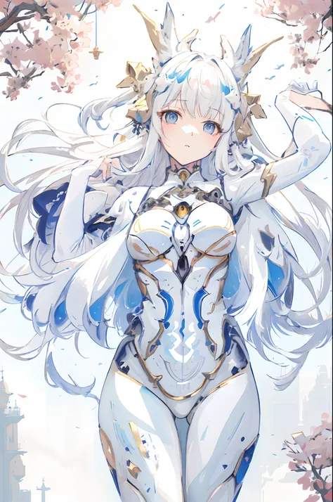 girl, white hair, blue eyes, mechanical suits,  masterpiece, 8K screenshot, artbook, hands up, cat ear, wing, pattern, anime character with wings and a cat bodysuit, white haired deity, trending on artstation pixiv, high detailed official artwork, detailed...