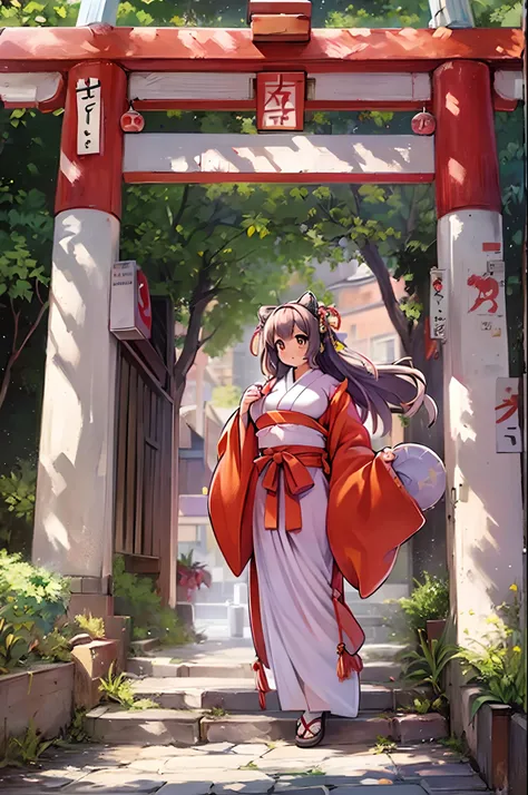 Raccoon Woman、body covered with fur、huge-breasted、kawaii、shrine maiden、Japan white clothes,Red Hakama、torii gate,summer day、From below、Wide Shot