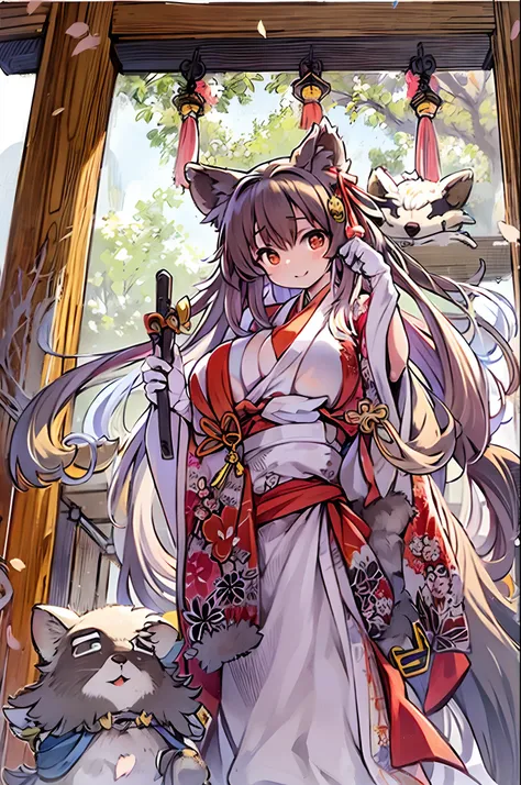 Raccoon Woman、body covered with fur、huge-breasted、kawaii、shrine maiden、Japan white clothes,Red Hakama、torii gate,summer day、From below、Wide Shot