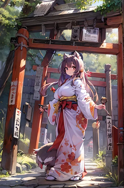 Raccoon Woman、body covered with fur、huge-breasted、kawaii、shrine maiden、Japan white clothes,Red Hakama、torii gate,summer day、From below、Wide Shot