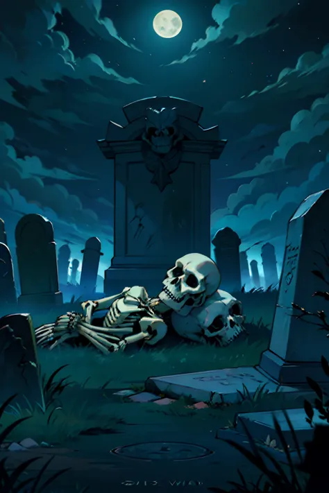 An abandoned skeleton, laying down horizontally on a grave, in front of a tombstone, background is graveyard, mood is death, futility, termination, dark cloudy skies, eerie night time light, character design.