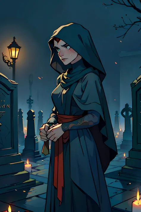 A widow dressed in black with a veil, holding an urn, next to a grave, head down, crying, background is, a dark and spooky graveyard, mood is empty, desolate, confusing, eerie light, character design.