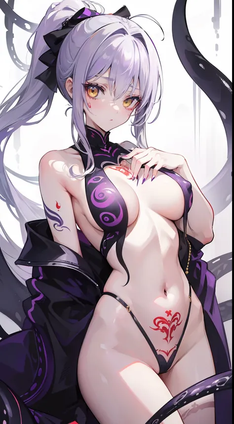 (top-quality、​masterpiece、high-level image quality、Super delicate)、a beauty girl、smooth ash gray hair、(Loose ponytail tied with a black ribbon)、Gorgeous yellow eyes、large full breasts、((Horrible tentacles crawl all over the body))、((Purple tentacles insert...