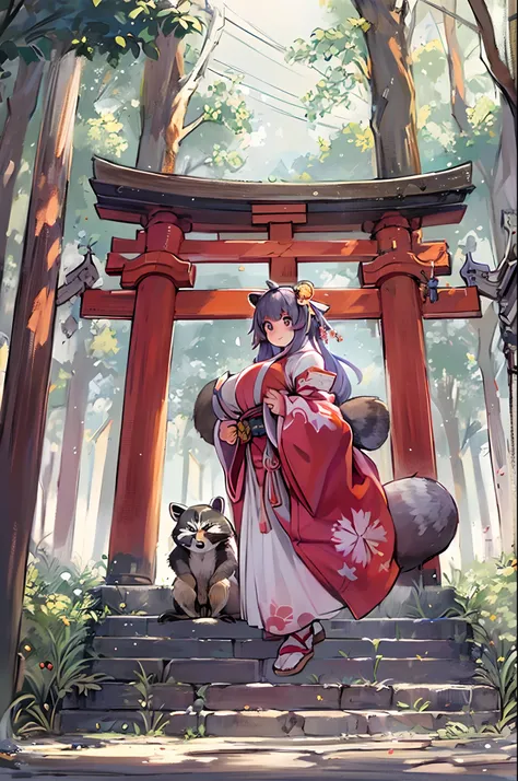 Raccoon Woman、body covered with fur、huge-breasted、kawaii、shrine maiden、Japan white clothes,Red Hakama、torii gate,summer day、From below、Wide Shot、(((Raccoons)))