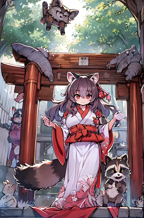 Raccoon Woman、body covered with fur、huge-breasted、kawaii、shrine maiden、Japan white clothes,Red Hakama、torii gate,summer day、From below、Wide Shot、(((Raccoons)))