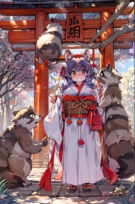 Raccoon Woman、body covered with fur、huge-breasted、kawaii、shrine maiden、Japan white clothes,Red Hakama、torii gate,summer day、From below、Wide Shot、(((Raccoons)))