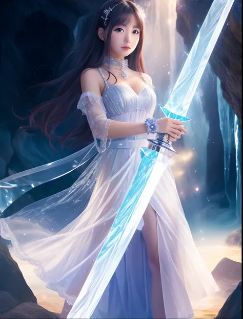 a woman in a white dress holding a sword in a cave, ice sorceress, digital fantasy art ), fantasy art style, beautiful fantasy art, ethereal fantasy, fantasy gorgeous lighting, epic fantasy art style hd, beautiful sword, fantasy art behance, she is holding...