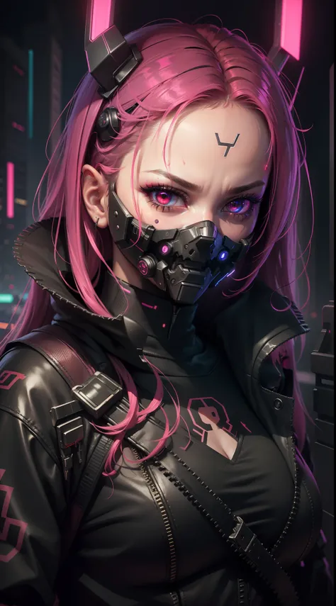 Cyberpunk, girl face, demon face mask, neon lights, red, 4k, hd wallpaper, extremely detailed, cybernetic eyes, cybernetic horns