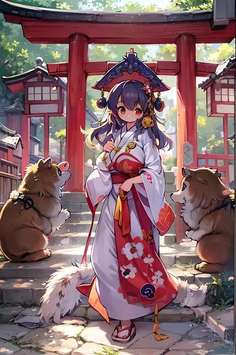 Tanuki Woman、body covered with fur、huge-breasted、kawaii、shrine maiden、Japan white clothes,Red Hakama、torii gate,summer day、From below、Wide Shot